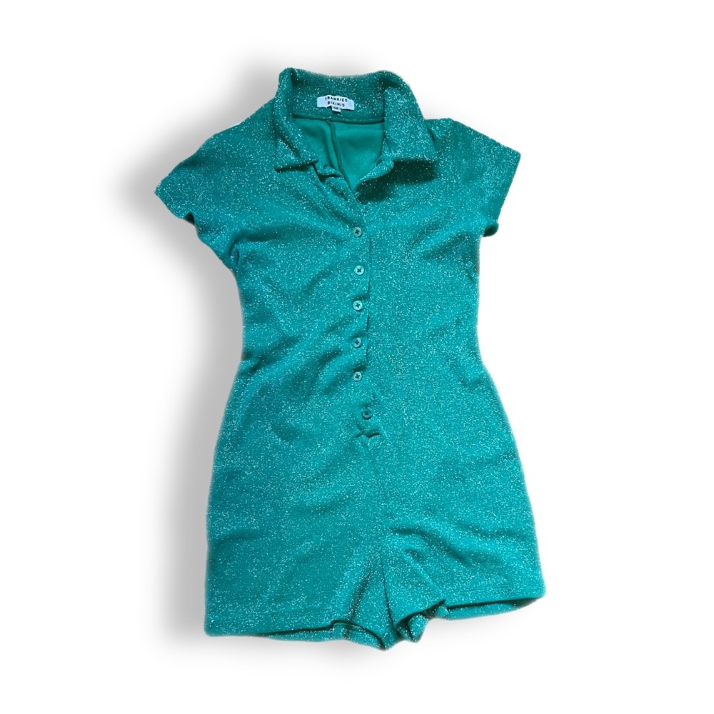 Frankie’s Bikinis Green Shimmer Terry Romper play suit with metallic thread